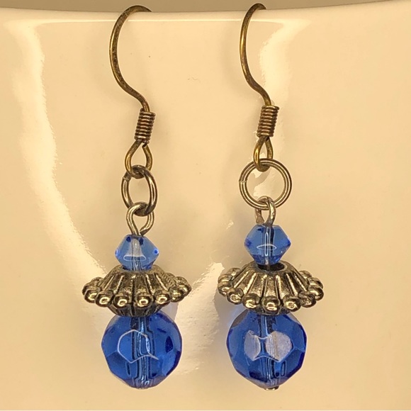 Handmade silver & sapphire blue crystal dangle earrings w/ fish hook back - Picture 1 of 6